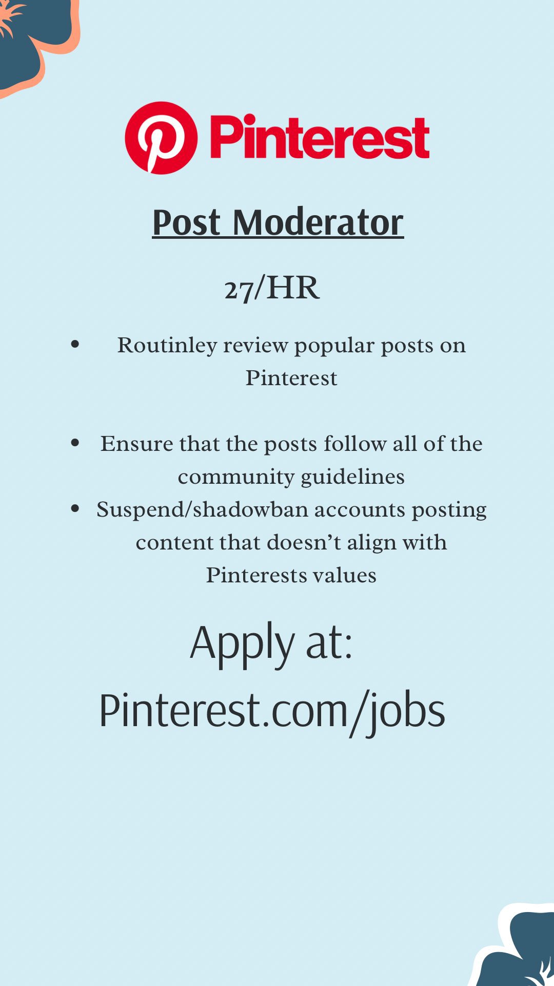 NeedAJob??? on X: “Post Moderator at Pinterest 27/hour Apply at 
