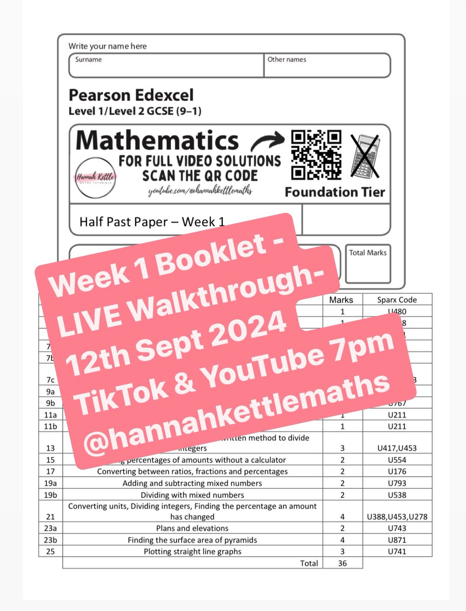 I split 28 GCSE Maths Papers into odd and even numbers, filmed a tutorial to go through each half paper and listed the topics covered on the front with Sparx Codes. Makes a perfect 45 min weekly homework / revision lesson for Y10 / Y11. I also do it live on TikTok each Thurs 7pm.