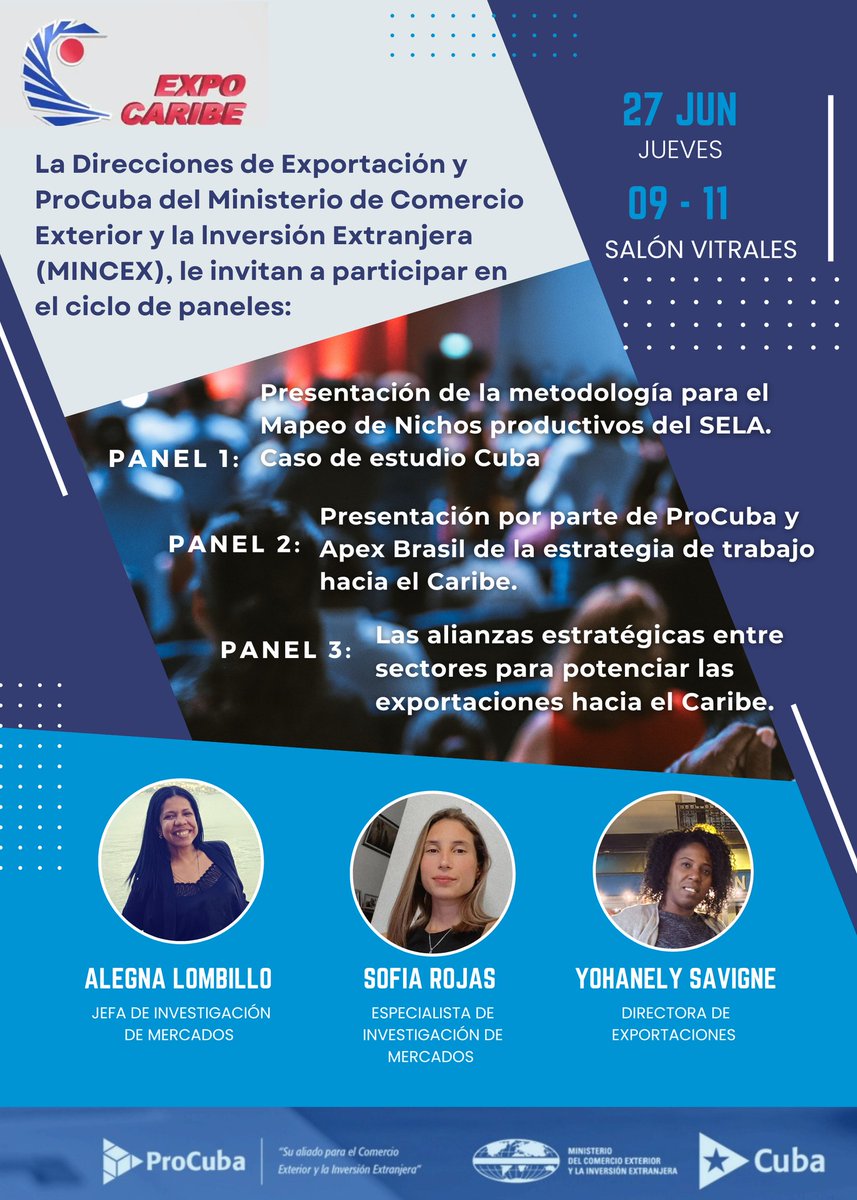 Hoy en el marco de <a href="/ExpoCaribe/">ExpoCaribe</a> <a href="/pro_cuba/">ProCuba</a> y la Dirección de Exportaciones del <a href="/MINCEX_CUBA/">MINCEX🇨🇺</a> presentarán ciclo de paneles con foco en fomentar las exportaciones y el intercambio comercial en la región. #ExpoCaribe2024 <a href="/SELAInforma/">SELA</a> <a href="/ApexBrasil/">ApexBrasil</a> <a href="/ACS_AEC/">Association of Caribbean States</a> <a href="/MinturCuba/">Ministerio Turismo</a> <a href="/Camara_Comercio/">Cámara de Comercio de Cuba</a>