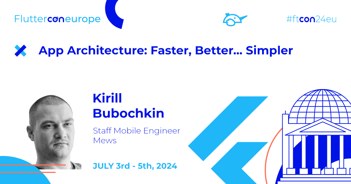 Join us for an enlightening #ftcon24eu session with <a href="/ookami_kb/">Kirill Bubochkin</a> 📣

#AppArchitecture should simplify, not complicate, go over why principles like SOLID, DRY, &amp; Clean Architecture can be misunderstood &amp; learn a simpler approach.

fluttercon.dev/kirill-bubochk…