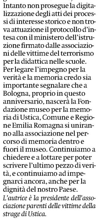 #Ustica, 44 anni fa. La tenacia di Daria #Bonfietti e dei parenti delle vittime, il dovere della memoria. Oggi sul <a href="/ilmanifesto/">il manifesto</a>
#ritaglietti

[e poi c'è la ballata di Giovanna Marini, sempre attuale: ildeposito.org/canti/ballata-…]