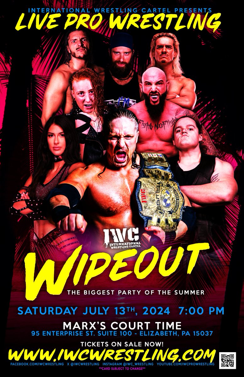 Join IWC for the biggest PARTY of the Summer on July 13th with WIPEOUT! As the last stop before CAGED FURY, what will happen as tensions begin to boil over?!

Tickets available at iwcwrestling.ticketleap.com/iwc-wipeout/