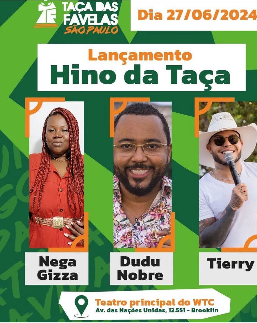 A Taça das Favelas São Paulo(<a href="/taca_SP/">Taça das Favelas SP</a>) realiza hoje sua Cerimônia de Lançamento, com <a href="/DuduNobreSamba/">Dudu Nobre</a>, <a href="/NegaGizzaReal/">Nega Gizza</a> e <a href="/tierry/">Tiehit</a> . O evento começa às 11h30, no WTC Events Center (Avenida Nações Unidas, 12.551, Brooklin Novo). Não perca! #TaçaDasFavelas #SãoPaulo #Lançamento #cufa
