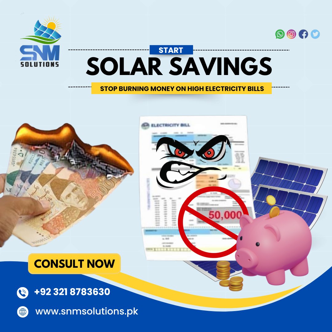 SnmSolutions1's tweet photo. Are you tired of seeing your hard-earned money go up in smoke every month on high electricity bills? So why wait? Start solar savings today and stop burning money on high electricity bills. 
0321 8783630
https://t.co/iJyGFukNkJ
#solarenergy 
#Zerobill
#SaveMoneySaveEnergy https://t.co/ZLZ2vn6QNX