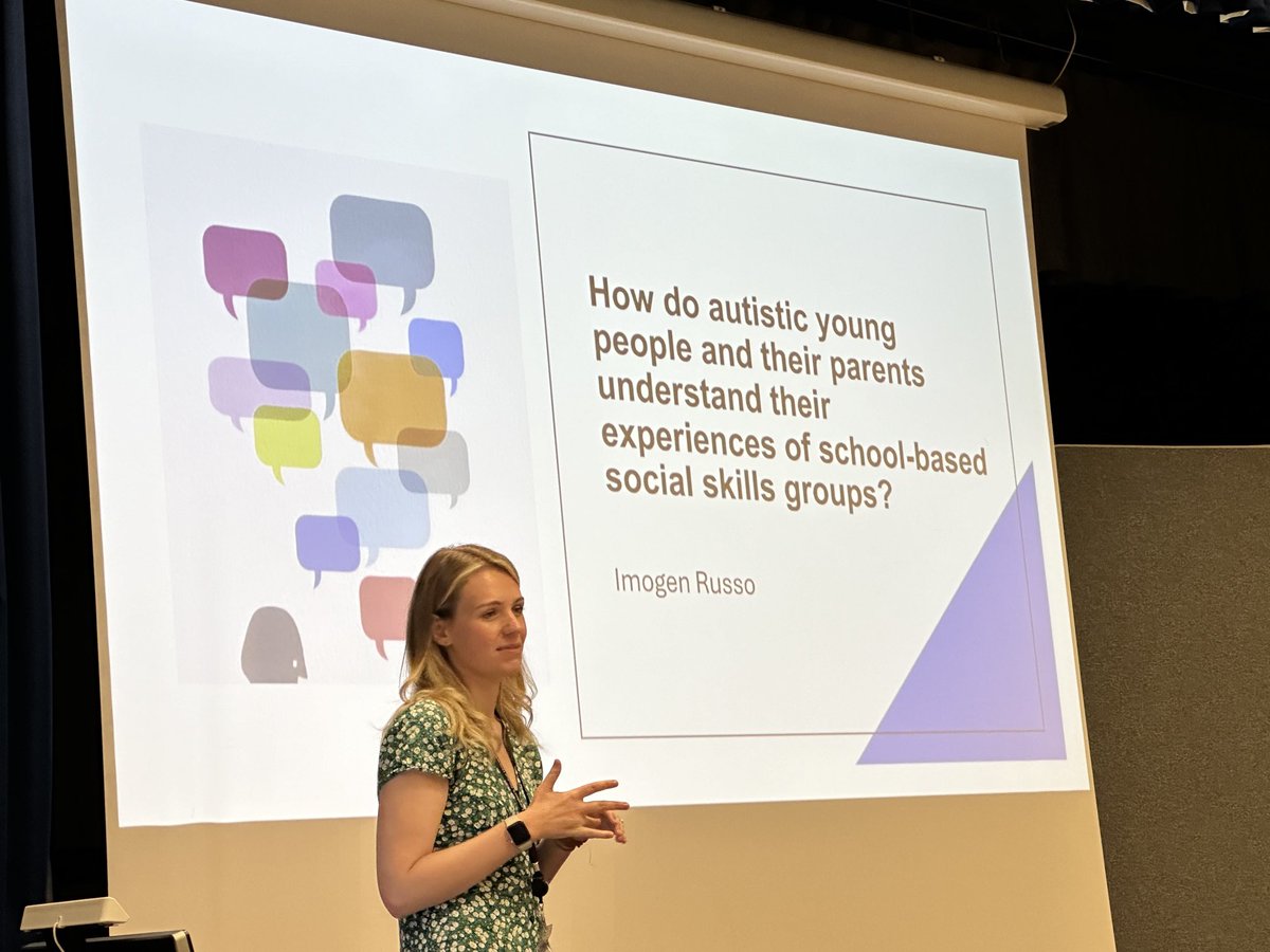 VivianEdPsych's tweet photo. UCL-IOE DEdPsy research conference - fascinating insights from Imogen Russo’s study of autistic young people and their parents experiences of the often controversial use of school- based social skills groups. ⁦@IOE_London⁩ ⁦@UCL_IOE_PHD⁩ #TwitterEPs #TwitterTEPs https://t.co/ny1Pwi7JEc