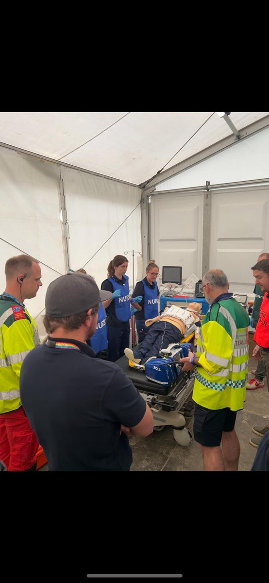 Today at Big ground we have been running full clinical training scenarios on a patient (training dummy) in cardiac arrest, from arriving from the festival via ambulance to successful ROSC, with the multiple agency support. Training never stops.