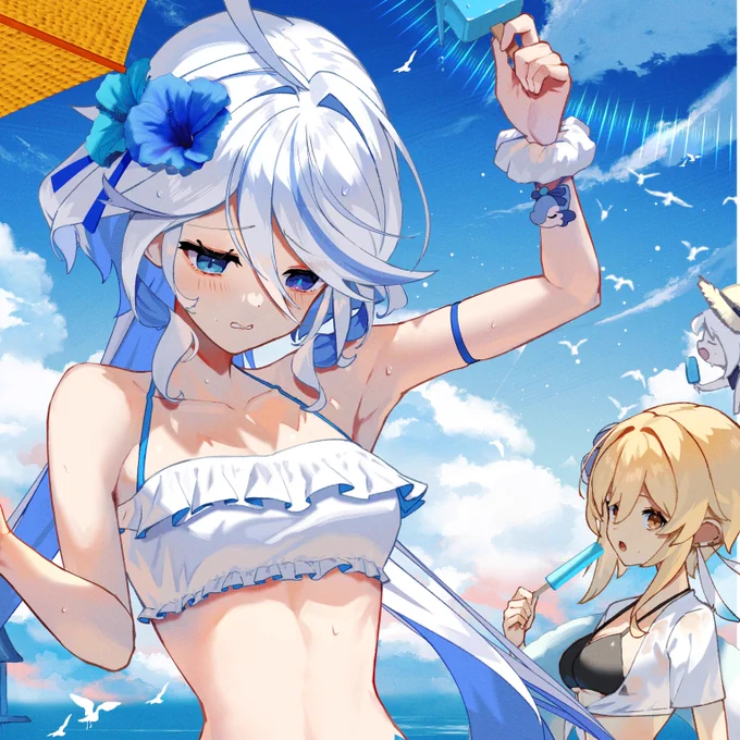 「水着フリーナ」イラストのレイヤー構成PSDデータを配布します。 タイムラプスの無編集版を期限付きで公開しています。 
