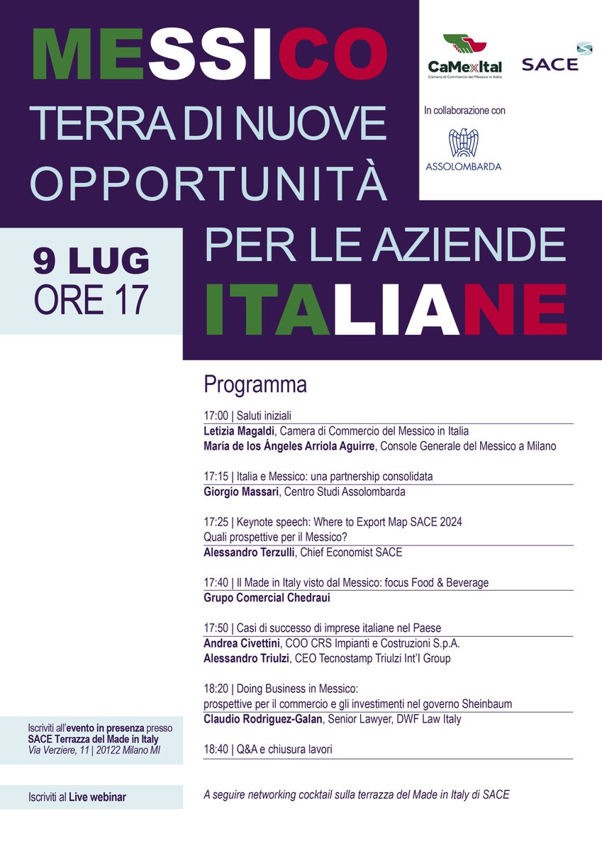 Camera di Commercio del Messico in Italia (@camexital) on Twitter photo La <a href="/CaMexItal/">Camera di Commercio del Messico in Italia</a> è lieta di presentare il programma del seminario #Messico: terra di nuove opportunità per le aziende italiane, che si terrà il 9 luglio alle ore 17 presso #SACE Terrazza del Made in Italy, a Milano.
linkedin.com/feed/update/ur… La <a href="/CaMexItal/">Camera di Commercio del Messico in Italia</a> è lieta di presentare il programma del seminario #Messico: terra di nuove opportunità per le aziende italiane, che si terrà il 9 luglio alle ore 17 presso #SACE Terrazza del Made in Italy, a Milano.
linkedin.com/feed/update/ur…