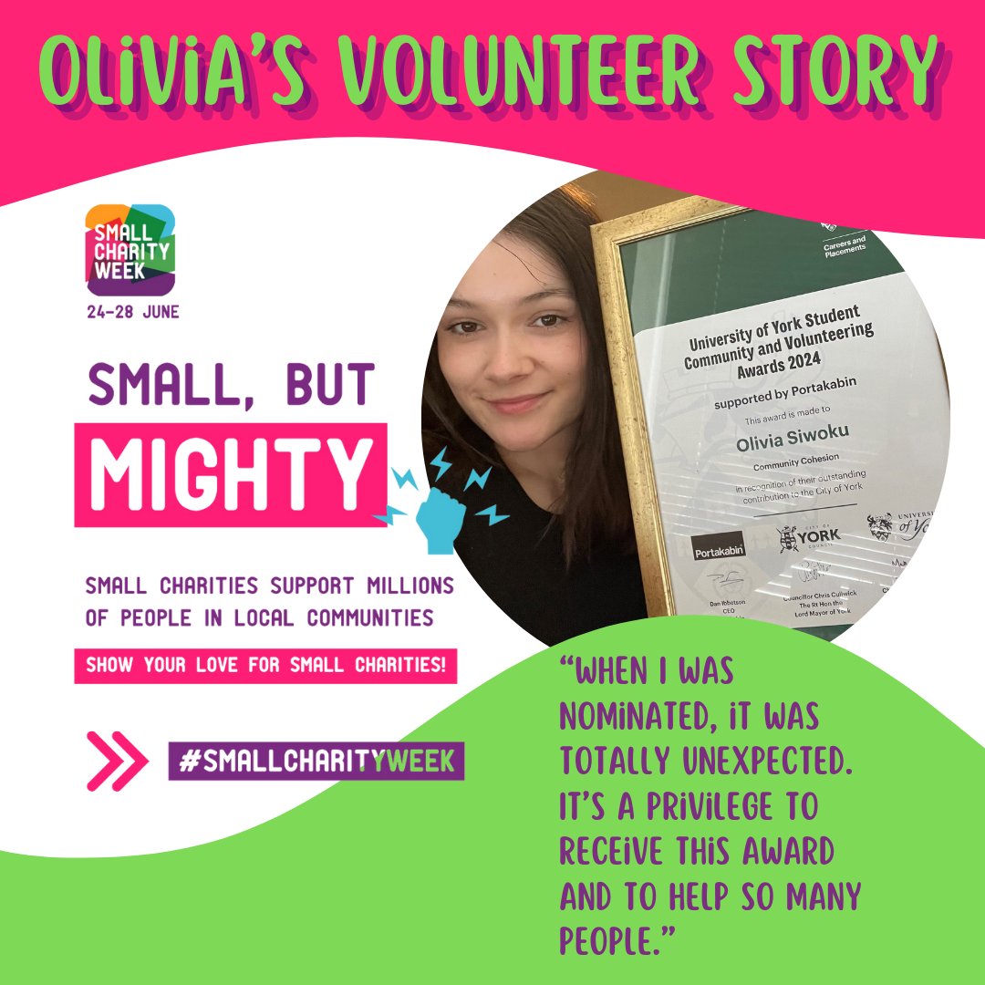 OcayYork's tweet photo. It's #SmallCharityWeek 24-28 June
OCAY student volunteer Oliva Siwoku honoured with award for supporting the York community. - Older Citizens Avocacy York
(https://t.co/ifhGiZZfvl)
#SmallCharityWeek
#MonthOfCommunity
@SmallCharity_Wk https://t.co/x0JKw1JYVq