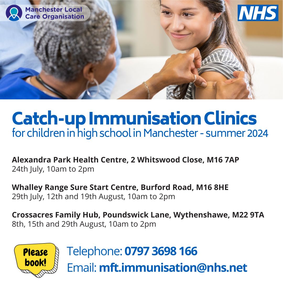 Missed a vaccine? No worries!

Our Summer Catch-Up Clinics in North, Central &amp; South Manchester have you covered 🌞💪

Get protected against serious diseases with HPV, MenACWY, 3-in-1 booster &amp; MMR vaccines. 💉

Please book! All details below: manchesterlco.org/summer-immunis…
