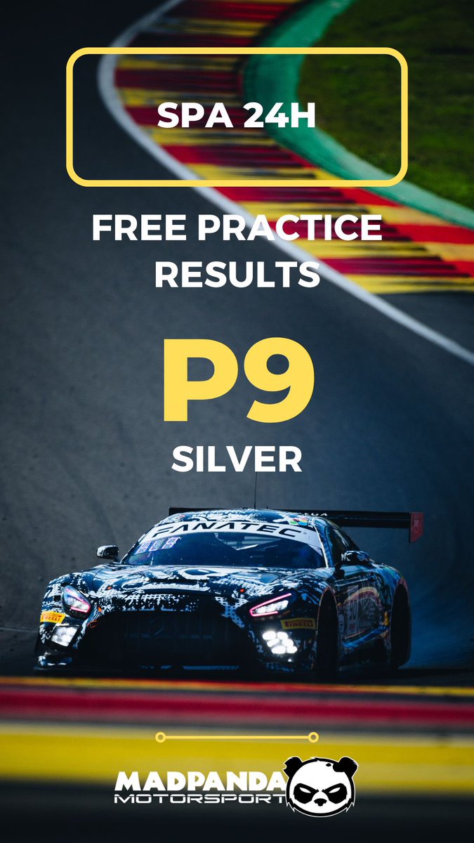 Madpanda_Msport's tweet photo. Today’s first session we finished P9 in silver category 🐼

#2024season #GTWorldChEu #GT3 #MercedesGT3 #Madpanda #Sakura #EnduranceRacing #FanatecGT #MercedesAMG #Panda #Spa24h #Crowdstrike24hSpa #24hofSpa https://t.co/QS7dxSaUqX