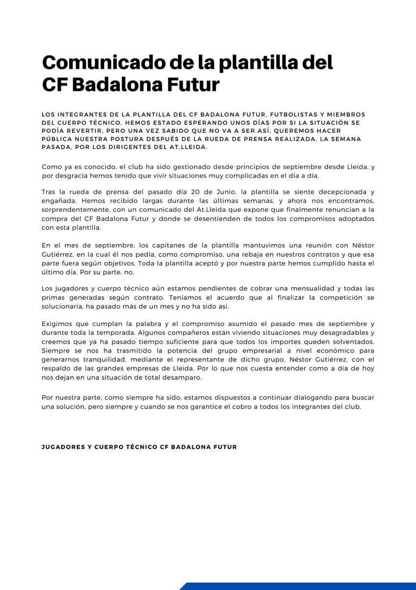‼️ Notícia <a href="/EsportsRAC1/">Esports RAC1</a>:

💰 La plantilla del @CFBFUTUR denuncia impagaments per part dels dirigents de l'<a href="/atletic_lleida/">Atlètic Lleida</a>

👉 Asseguren que els lleidatans, que volien comprar el club, s'havien compromès a ocupar-se de les nòmines d'aquesta la temporada i que ara se'n desentenen: