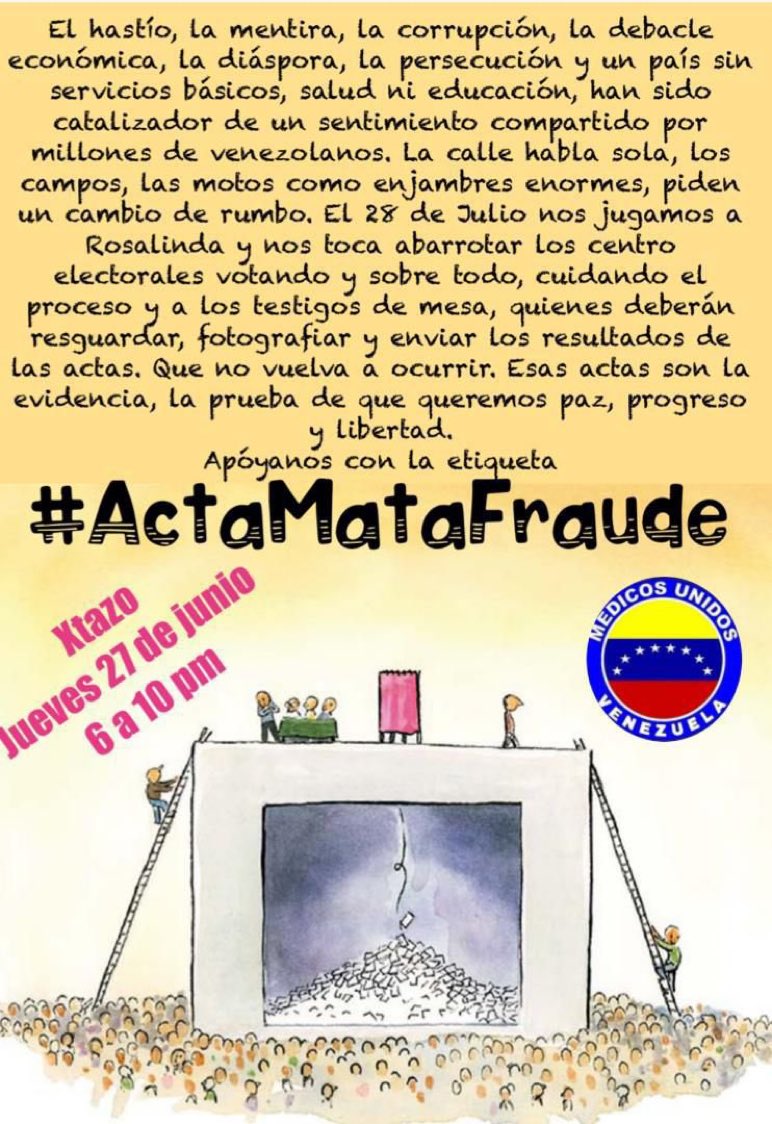 Muchos dicen que nos volverán hacer trampa, yo lo que veo son millones de venezolanos repletos de esperanza. Lo que vemos en las calles a lo largo y ancho de toda Venezuela, no es ilusionismo; es una mezcla de hastío y de si se puede.
El cambio va, es indetenible
#ActaMataFraude