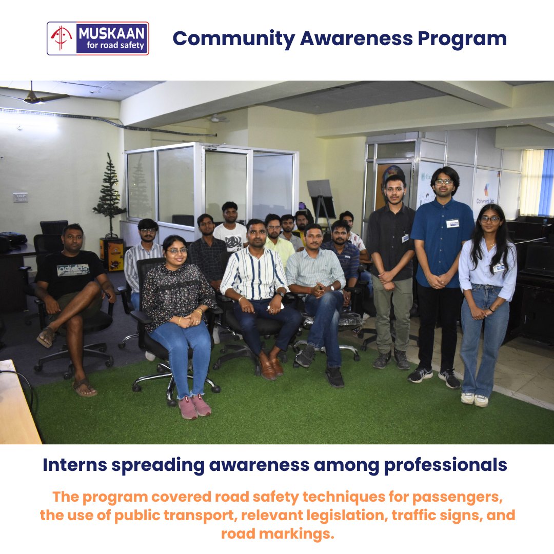 MuskaanNGO's tweet image. #CommunityAwarenessProgram, our interns Vidip, Anjali, and Pranav conducted a road safety orientation for over 20 working professionals at Cohort Labs Pvt. Ltd. The program included defensive driving, relevant legislation, traffic signs, and road markings.
#RoadSafety #Awareness