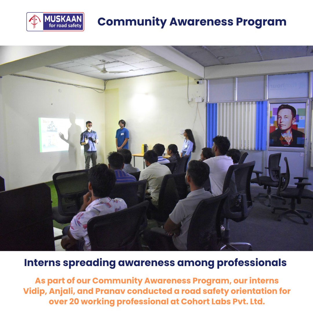 MuskaanNGO's tweet image. #CommunityAwarenessProgram, our interns Vidip, Anjali, and Pranav conducted a road safety orientation for over 20 working professionals at Cohort Labs Pvt. Ltd. The program included defensive driving, relevant legislation, traffic signs, and road markings.
#RoadSafety #Awareness