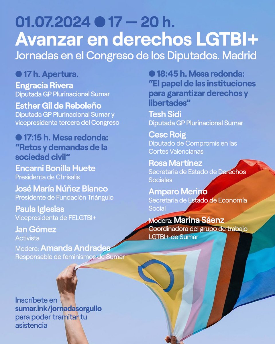 Este lunes tendrá lugar en el Congreso una jornada de debate acerca de los retos y demandas del colectivo LGTBI+ en nuestro país y las medidas necesarias para garantizar derechos y libertades.

Puedes apuntarte en este enlace 👇
sumar.ink/jornadasorgullo