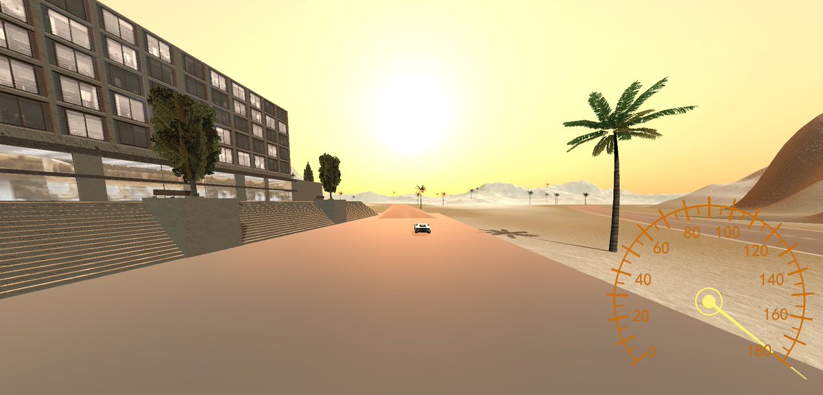Ch1111gamedev's tweet image. I really like the california vibes so I built this racing game on a sandy terrain, palm trees and sunny set of california... #madewithunity #unity3d #gamedevelopment