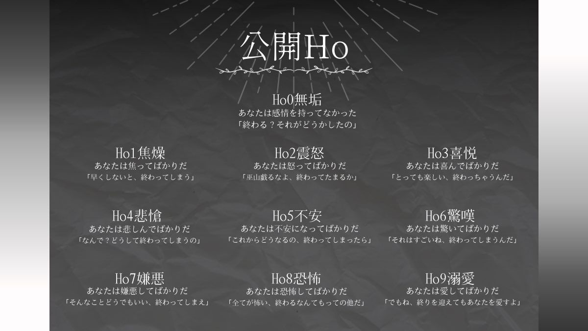 Mereri_notice's tweet photo. Call of Cthulhu 6th
     秘匿HO制10PLシナリオ
 
   『 異感情物語純謳歌 』

感情が欠落し、余命が残りわずかの少年少女が物語を描くシナリオです。

ღ性癖
    ✤感情の欠落
    ✤余命わずかの少年少女
    ✤オッドアイ(任意)

☩HO診断
https://t.co/s03kGQDiXC

#ポトラ企画シナリオ告知 https://t.co/yn2OJNQZGL