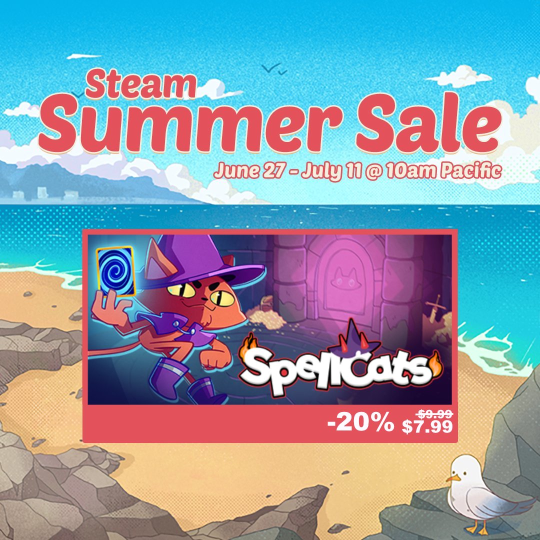 🚨 Summer Sale Alert! 🚨

Get Spellcats at 20% off during the Steam Summer Sale! 🔥

Tell your friends and grab an extra copy!

今日はビーチで遊ぼう！🏖️☀️ 
(Let's play at the beach today!)

#SteamSummerSale #Spellcats