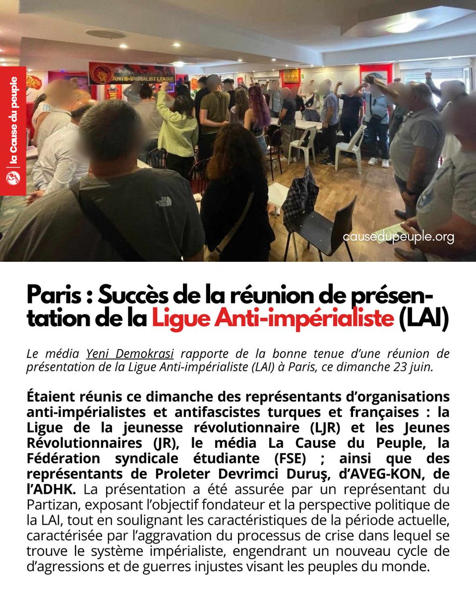 Cause_du_Peuple's tweet photo. 🔴⚡ LIGUE ANTI-IMPÉRIALISTE | Ce dimanche était organisée à #Paris une réunion de présentation de la LIA, par les camarades du Partizan.

Des organisations révolutionnaires de France et de Turquie étaient présentes, et ont salué la création de la Ligue.

https://t.co/lLSCWU4HpD https://t.co/IeGijoVpOG