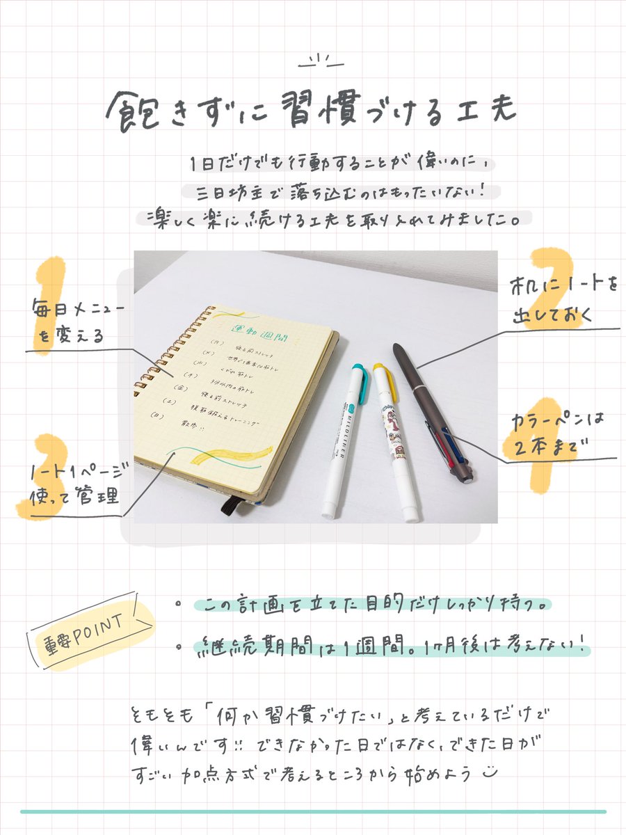 ninna_planner's tweet image. 見開きノートを使った、
頑張り屋さんが習慣化しやすくなる工夫をまとめてみました☺️

完璧主義で理想も高いからつい自分に厳しく計画を立ててしまうけど、
そもそも「何かを習慣化しよう」と思うこと自体がえらいからね🐶

使うペンも少なく、さらっと仕上がるページにしたよ🥞

#手帳 #文房具