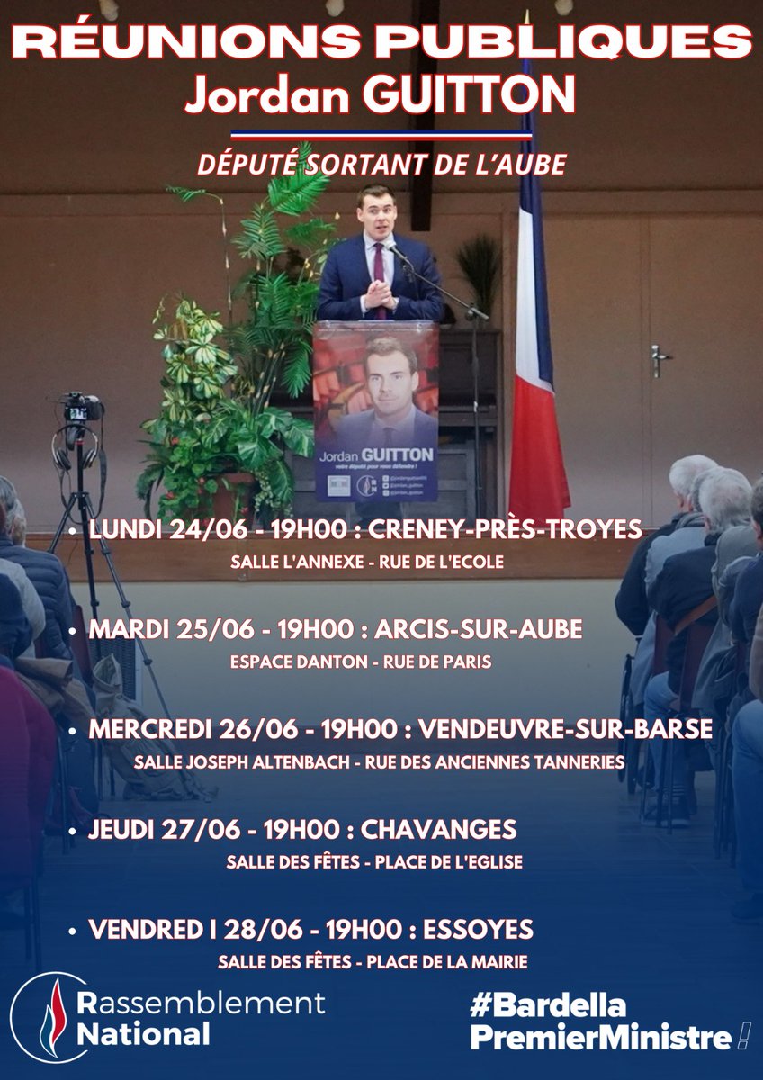 jordan_guitton's tweet photo. 🔵 On se retrouve ce soir à la salle des fêtes de Chavanges à 19h00 ! (Place de l'église).
😊 Venez nombreux pour me rencontrer !
🙏 À ce soir !
#Chavanges #2024 #reunionpublique #Électionslégislatives https://t.co/lzsHcQRf0u