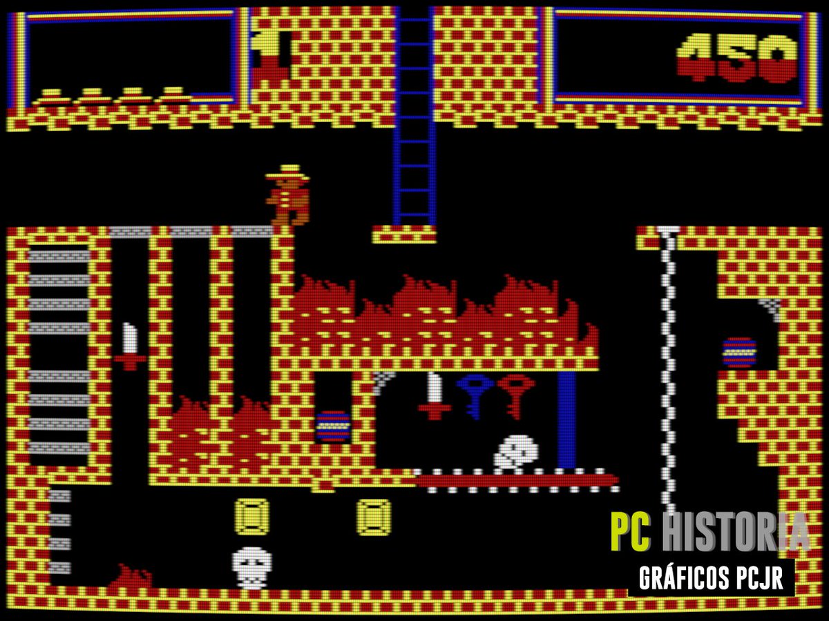 Montezuma's Revenge (Parker Brothers, 1984) fue seguramente el primer juego tipo #Metroidvania para #IBM #PC. Y es que raramente se le reconoce lo innovador que fue para su época. 100 pantallas interconectadas controlando a Panamá Joe en busca del antiguo tesoro azteca! 🏺