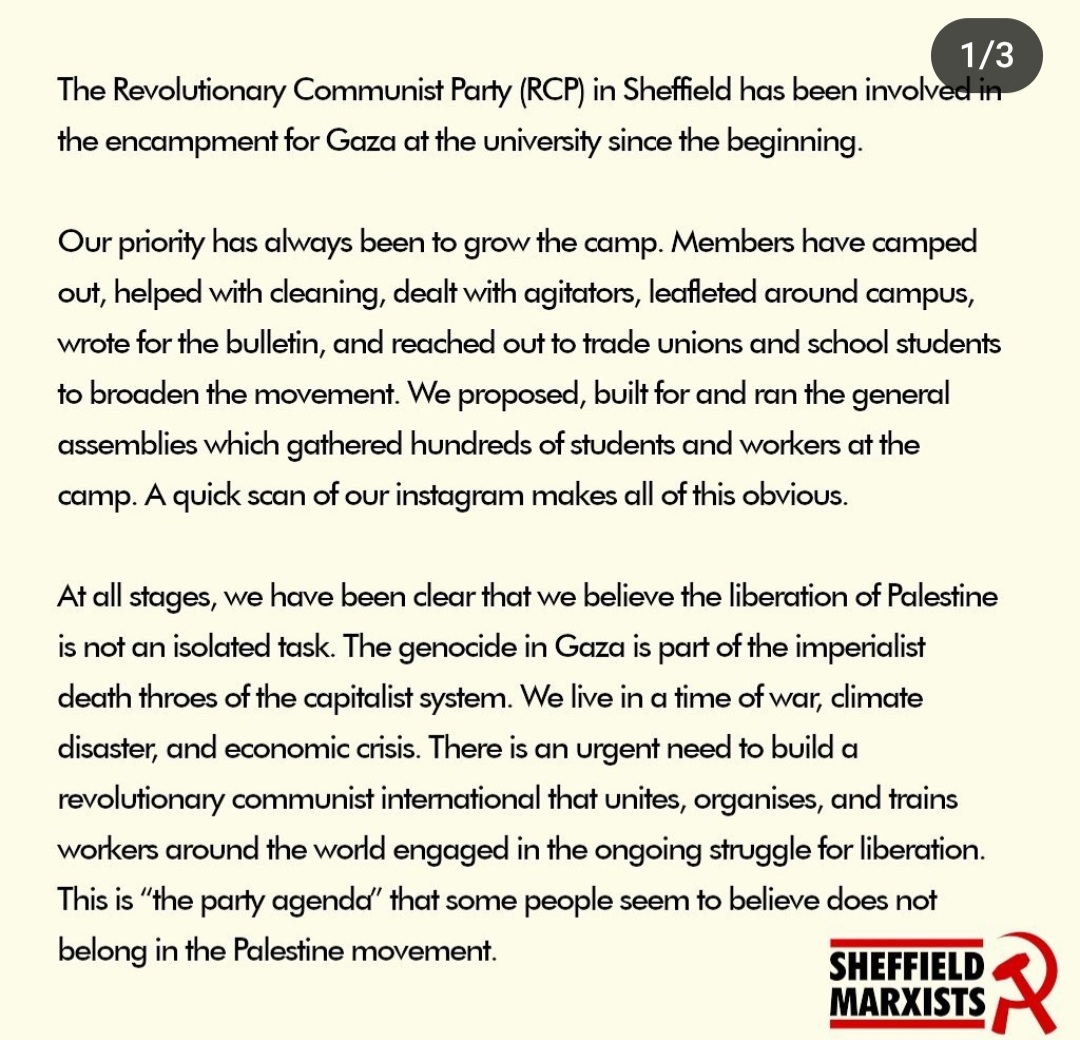BenGliniecki's tweet photo. Good stuff from @SheffMarxSoc . I never expect everyone to just agree with us, that's fine. But there's a genocide happening. Serious ideas and strategy need to be discussed. You can't just ban people you disagree with, like a few Sheffield students have tried to do https://t.co/hCYQJw8iPQ