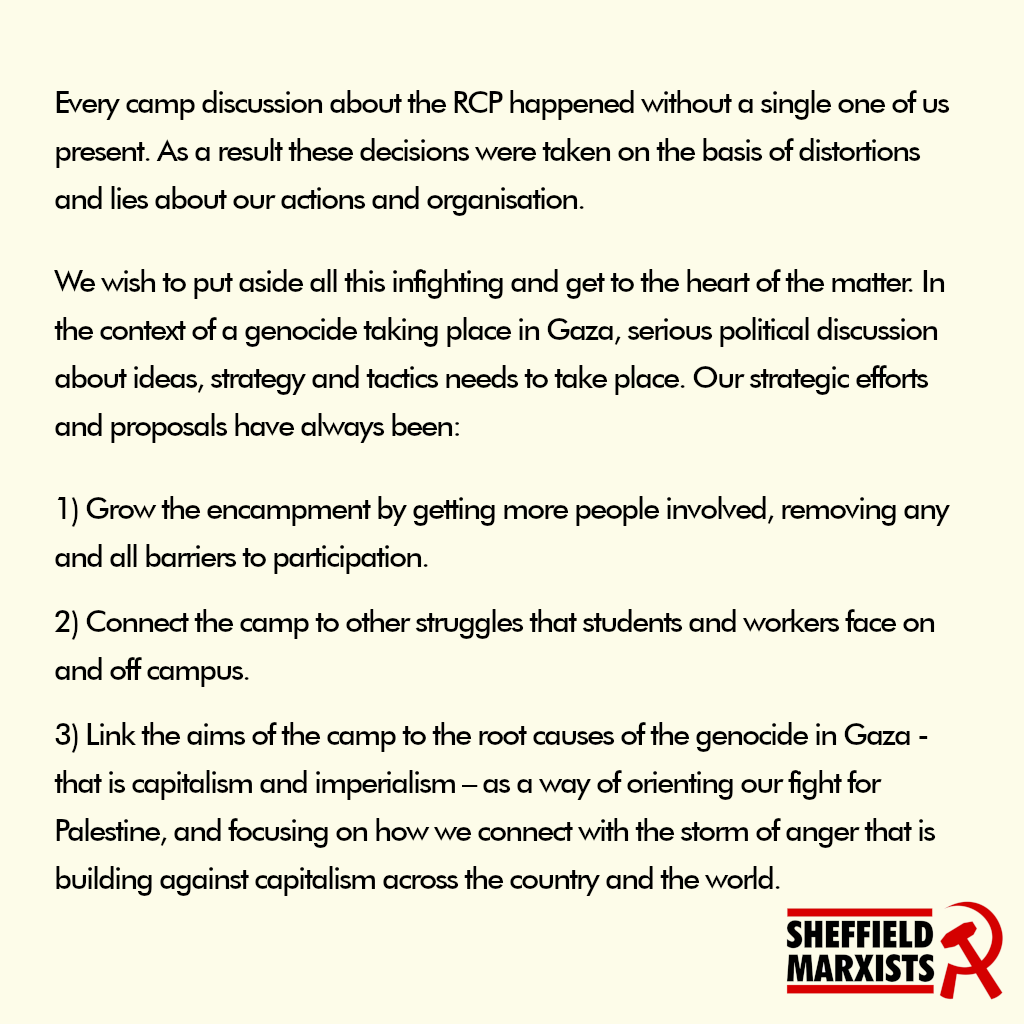 SheffMarxSoc's tweet photo. Our respone to the ban on members of the RCP from the Sheffield encampment. We are appalled by this decision. 

Every camp discussion about the RCP happened without us present. This ban has been made on the basis of distortions and lies about our actions and organisation. 1/ https://t.co/QnB2I7s0F9