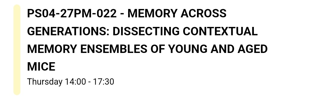 elifgizemkain's tweet photo. Are you attending #fens2024 and interested in ageing and engrams? Visit my poster #22 in the afternoon session! #ageing #engram #contextualmemory https://t.co/kHoHuoJZhP