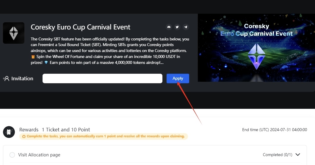 Steps to participate in Top Inviter Challenge:

- Visit: coresky.com/campaign/35.
- Click 'Apply' to Connect your wallet.
- Generate and share your invitation link!

Note:
Each new user you invite completes the [ticket burning], you can earn 30 points. If it's a pre-order user,