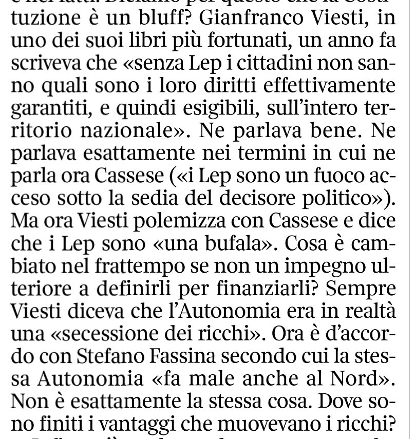 Oggi  <a href="/mdemarco55/">marco demarco</a> sul <a href="/corrmezzogiorno/">CorriereMezzogiorno</a>, chiama in causa il prof. <a href="/profgviesti/">Gianfranco Viesti</a> per il suo giudizio sui #Lep , prima positivo, per <a href="/mdemarco55/">marco demarco</a> , e poi negativo.

Giriamo le domande al <a href="/profgviesti/">Gianfranco Viesti</a>

P.s. il problema sta non solo nella definizione dei #Lep ma nel loro finanziamento.