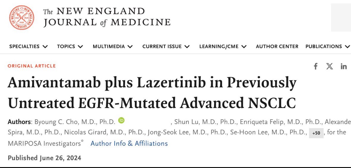 vmalbarran's tweet photo. 🔥 Just published hot content by  @NEJM 

🦋 #MARIPOSA trial: Amivantamab + Lazertinib vs Osimertinib in 1st line #EGFR+ Advanced Non-Small Cell #LungCancer. 

⬆️mPFS 23.7 vs 16.6 m (HR: 0.7)

Are we really ready to assume also the increased toxicity? https://t.co/3oNDbh1u05