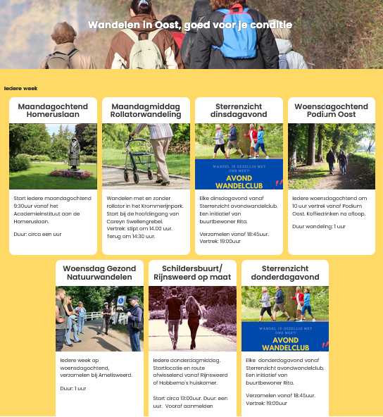 Wandelen is leuk, gezellig en gezond. Er zijn in de wijk diverse (gratis) wandelgroepen en wandelroutes. Op het wijkplatform OostvoorElkaar.nl vind je een (bijna) compleet overzicht: oostvoorelkaar.nl/webpagina/1946… Veel wandelplezier!