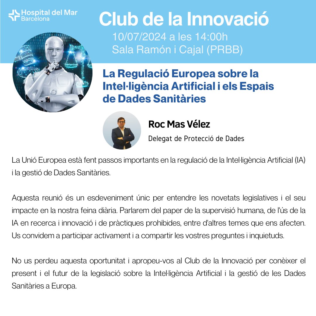 HMar_research's tweet photo. 🆕 Club de la Innovació
📅10 de juliol ⏰ 14h 📌Sala Ramón i Cajal @the_prbb
🗣️Roc Mas Vélez, delegat de Protecció de Dades de l'@hospitaldelmar - @HMar_research
👉https://t.co/pFld3lyDj9
#InnovaMAR #TalentMAR https://t.co/lNjVG0fVCm