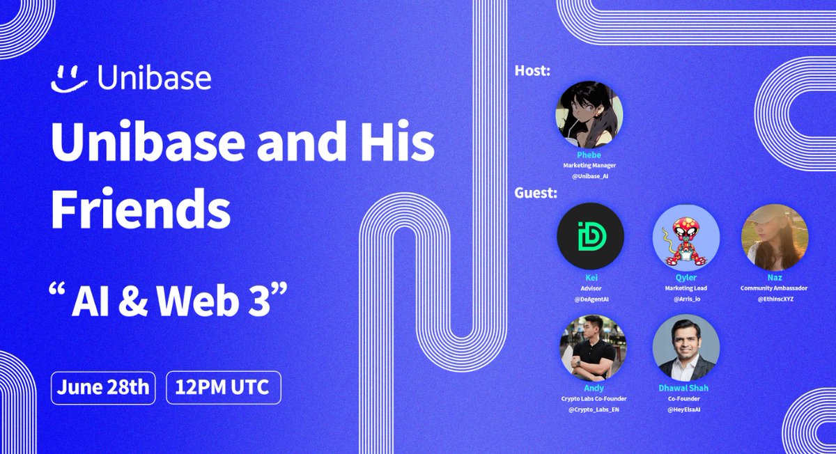 Unibase_AI's tweet photo. Join us on June 28th at 12PM UTC for an engaging “Unibase and his Friends Series” Twitter Space session on " AI & Web 3"!  

🎙️Host: Phebe - Marketing Manager 
@Unibase_AI

🍭Guests: 
Kei - Advisor @DeAgentAI

Qyler - Marketing Lead @Arris_io

Naz - Community Ambassador @EthinscXYZ

Andy - Crypto Labs Co-Founder @Crypto_Labs_EN

Dhawal Shah - Co-Founder @HeyElsaAI

Don’t miss this incredible discussion with top industry leaders about the future of AI and its on-chain adoption.   

See you there!