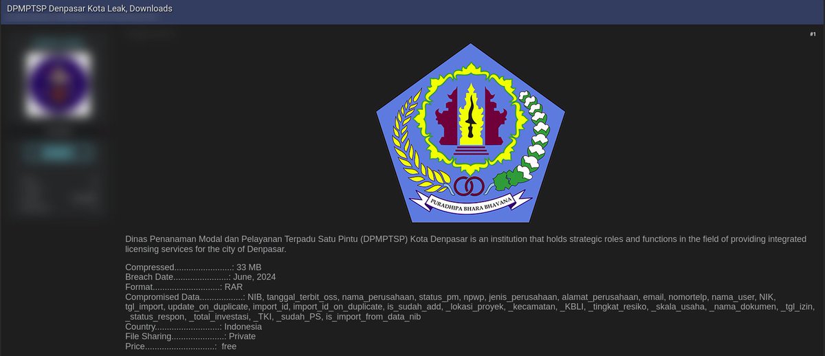 FalconFeedsio's tweet photo. 🚨 Dinas Penanaman Modal dan Pelayanan Terpadu Satu Pintu Kota Denpasar Data Breach 🚨

The data of Dinas Penanaman Modal dan Pelayanan Terpadu Satu Pintu Kota Denpasar allegedly leaked on BreachForums, The compromised data includes company names, statuses, addresses, emails, telephone numbers, usernames, project locations, investments, etc.

Details of breach:

- File size: 33 MB
- Breach Date: June, 2024
- Format: RAR

#Indonesia 
#Cyberattack #Databreach #Darkweb