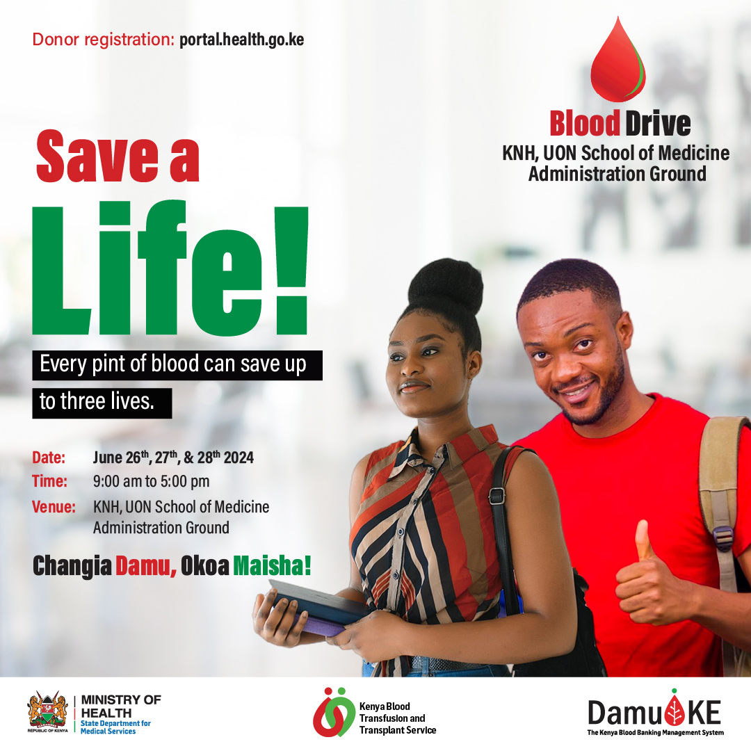 Official_ktta's tweet photo. We are open for blood donation at RBTC at the National Public Health Ground in KNH, the University of Nairobi School of Medicine Administration Block in Kenyatta National Hospital, Pumwani Maternity Hospital satellite, and Mama Lucy. Welcome! #WeAreKenyanByBlood #DonateBlood https://t.co/CtGhoDTLbp