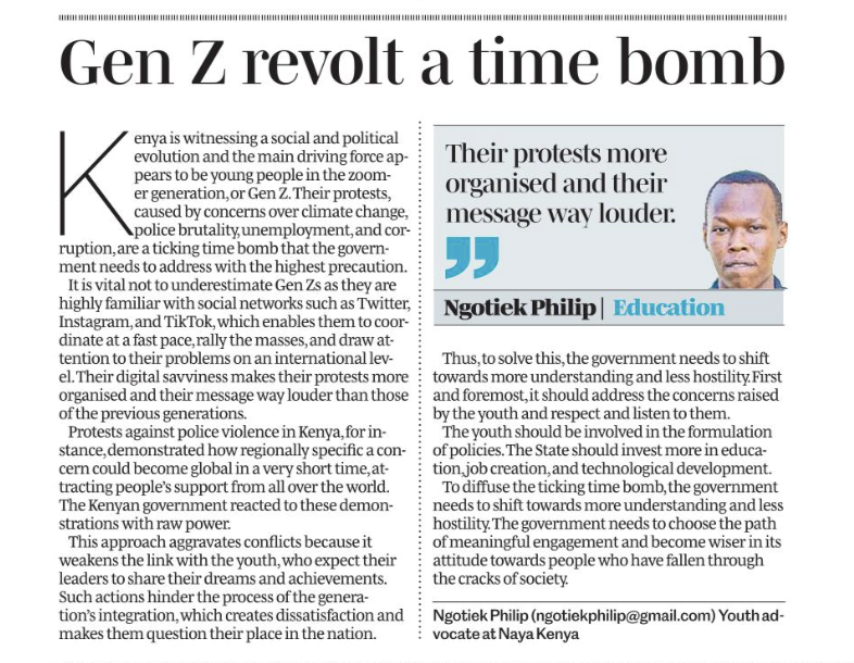 NAYAKenya's tweet photo. As the popular Gen Z revolution continues, @NgotiekP describes it as a time bomb, @robi_mercy &amp; @MillicentM6485 call for ease of reporting rape violations, &amp; @BenedictVii calls for the end of the harmful Kurian practice of 'Nyumba Mboke', all in today's 3 newspapers
#NAYAVoices https://t.co/WObEkLg2pI