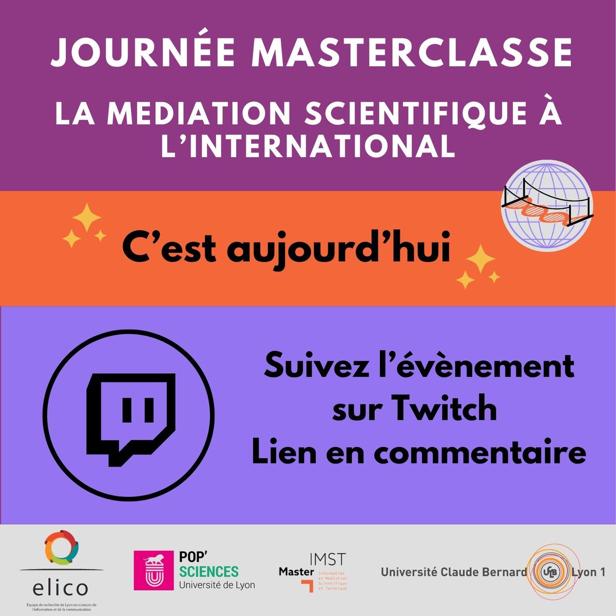 ✨ Bienvenue à la journée Masterclasse ✨
C’est avec grand plaisir que nous lançons notre événement dédié à la médiation scientifique à l’international. Une journée riche en échanges et en apprentissage vous attend !
m.twitch.tv/master_imst_ei…