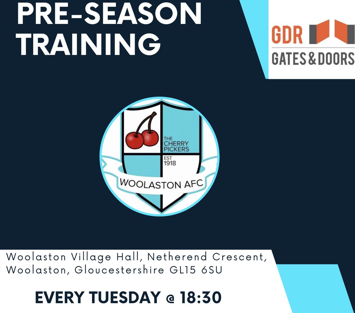 WoolastonFC's tweet photo. Pre-Season Training Starts on Tuesday 2nd July @ 18:30⚽️

Our first team play in GNSL2 and our reserves in North Gloucester Div 1. 🍒

New Players Welcome! 📋 https://t.co/N4E0VtRK3g