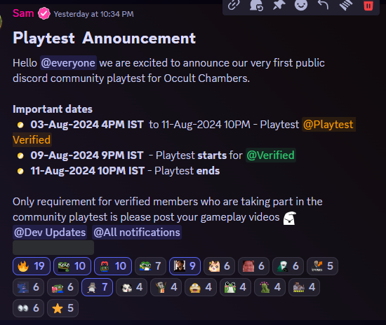 So we made this announcement last night in our server!

Get access to Occult Chambers Public Playtest by joining our discord server! 

Link to join -> discord.gg/WxEbJxKMPb