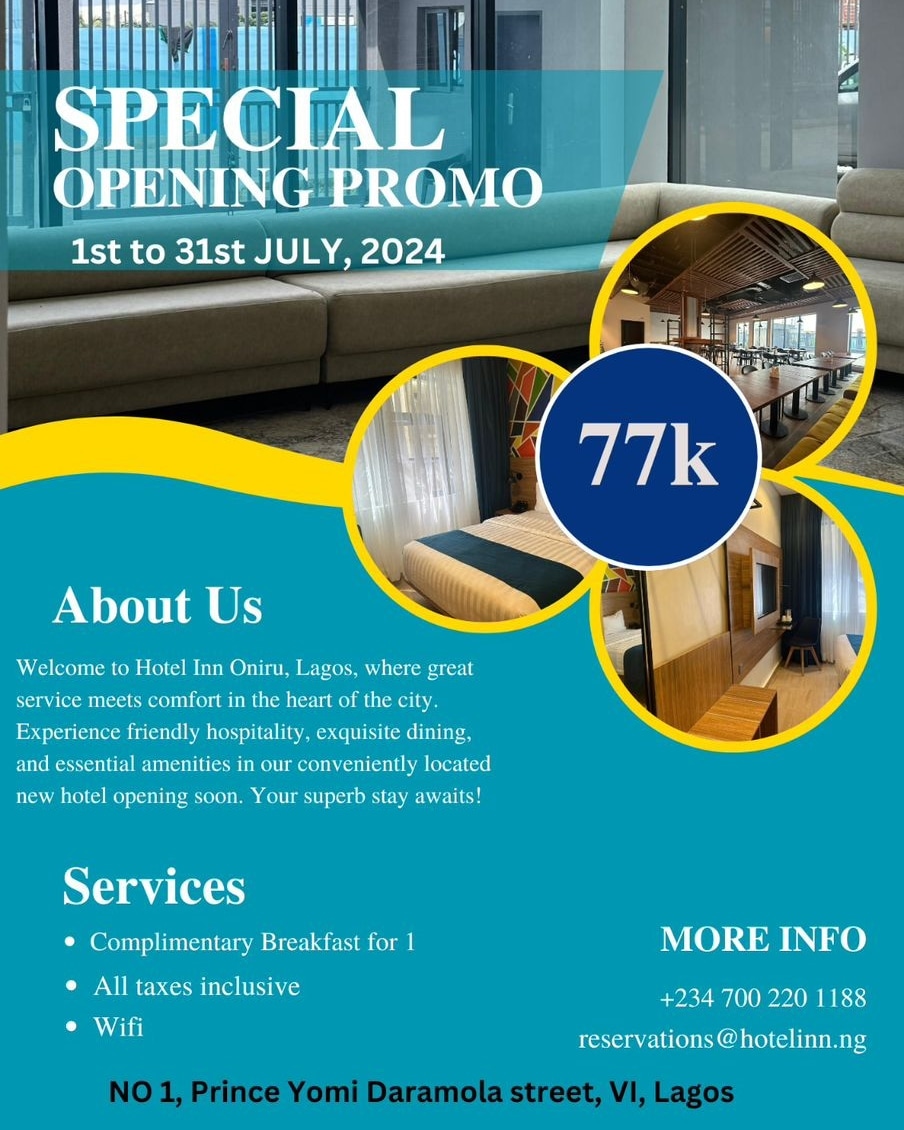 Hotelinnoniru's tweet photo. Special promo!

Experience friendly hospitality, exquisite dining, and essential amenities in our conveniently located new hotel opening soon.

Special Promo starts from 1st to 31st of July 2024.

For more info please contact: reservations@hotelinn.ng - sales1@hotelinn.ng https://t.co/l3kZ62koJq