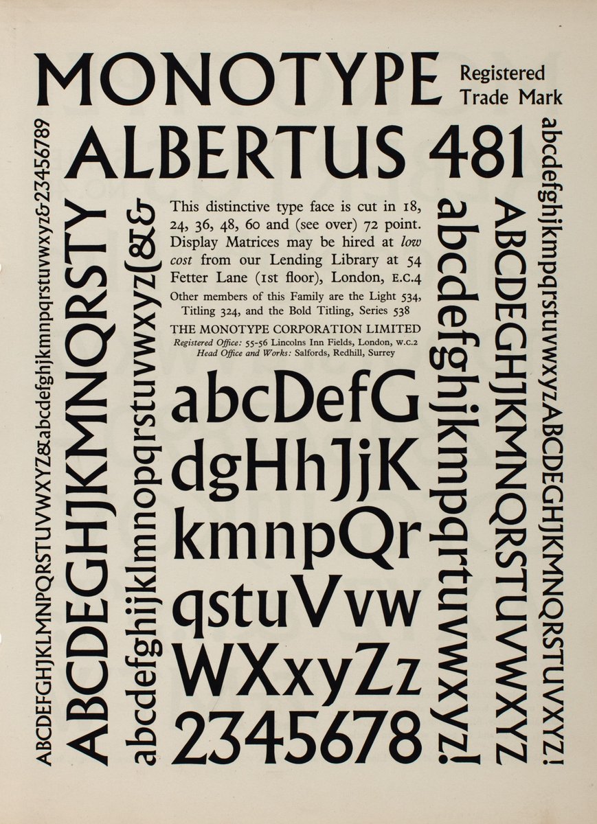 stbridefdn's tweet photo. Monotype specimens for Albertus (c.1930s) from our library collection 📚

Albertus was designed by Berthold Wolpe and has particular links to Fleet Street as the typeface used on City of London street name signs.

#typespecimen #typedesign #typography #bertholdwolpe #type https://t.co/5Or6PJcot5