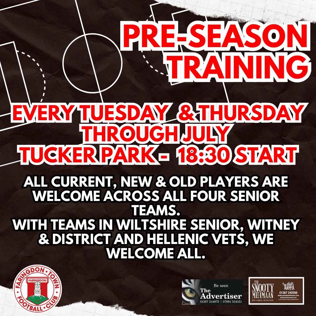 faringdontownfc's tweet photo. Pre-season training continues this evening at Tucker Park, 18:30 start.
We will continue into July with sessions every Tuesday & Thursday at 18:30.
#oneclub #thehardworkcontinues https://t.co/ZJwHrBfnnb