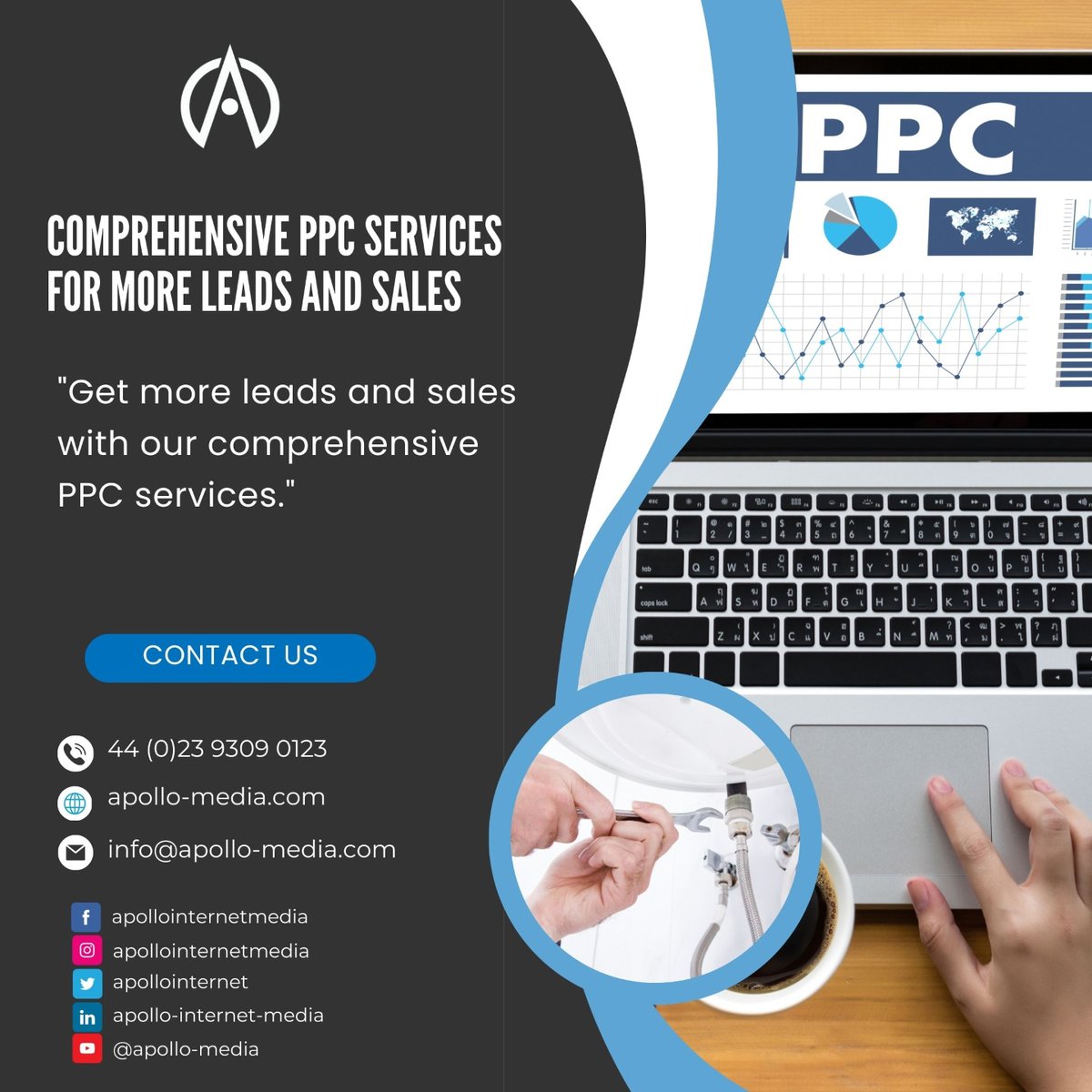 apollointernet's tweet image. &quot;Get more leads and sales with our comprehensive PPC services.&quot; ------ #ppccampaigns  #DesignExperts #ppcfortrades #ppc