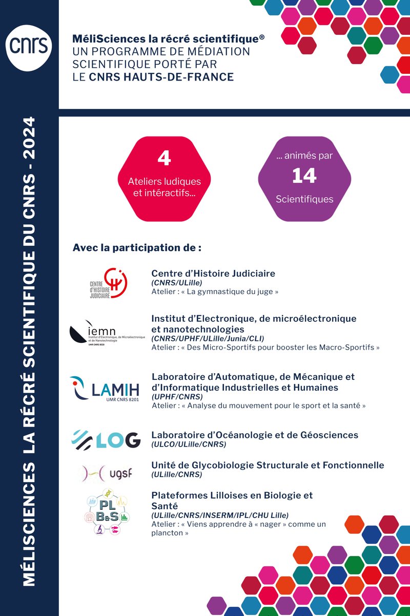 CNRS Hauts-de-France (@cnrs_hdf) on Twitter photo #Mélisciences en 2024 c'est aussi :
4⃣ ateliers ludiques et interactifs...
... animés par 1⃣4⃣ scientifiques issus de 6⃣ unités <a href="/CNRS_HdF/">CNRS Hauts-de-France</a> : <a href="/CHJ_UMR8025/">Centre d'Histoire Judiciaire - UMR 8025</a>, <a href="/iemn_fr/">IEMN</a>, <a href="/LAMIH_UPHF/">LAMIH (UPHF)</a>, <a href="/umr8576/">Glycobiology</a>, <a href="/UMS_PLBS/">UAR PLBS</a> & <a href="/LOG_labo/">Laboratoire d’Océanologie et de Géosciences</a> 🧑🔬👩🔬
Un grand merci aux personnels de recherche mobilisés ! 👏 #Mélisciences en 2024 c'est aussi :
4⃣ ateliers ludiques et interactifs...
... animés par 1⃣4⃣ scientifiques issus de 6⃣ unités <a href="/CNRS_HdF/">CNRS Hauts-de-France</a> : <a href="/CHJ_UMR8025/">Centre d'Histoire Judiciaire - UMR 8025</a>, <a href="/iemn_fr/">IEMN</a>, <a href="/LAMIH_UPHF/">LAMIH (UPHF)</a>, <a href="/umr8576/">Glycobiology</a>, <a href="/UMS_PLBS/">UAR PLBS</a> & <a href="/LOG_labo/">Laboratoire d’Océanologie et de Géosciences</a> 🧑🔬👩🔬
Un grand merci aux personnels de recherche mobilisés ! 👏