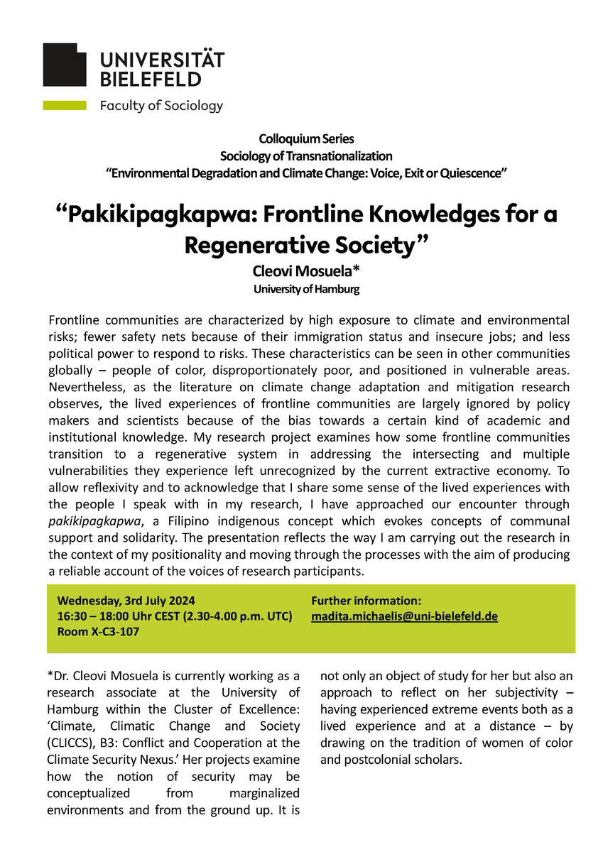thecomcad's tweet photo. Upcoming presentation by Cleovi Mosuela (Hamburg University) "Pakikipagkapwa: Frontline Knowledges for a Regenerative Society " as part of the Colloquium Series -Sociology of Transnationalisation- on July 3rd 2024, 4:30-6 p.m. Bielefeld University! https://t.co/VwW68PHFaC