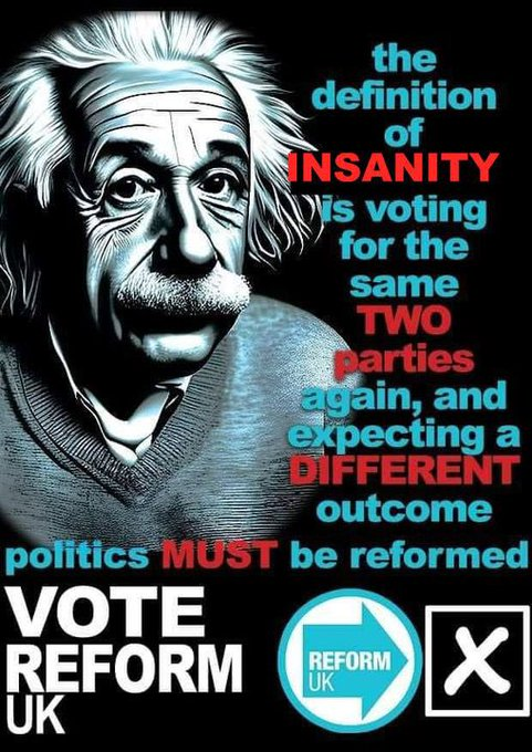 Every single <a href="/reformparty_uk/">Reform UK</a> vote counts even those that have no way of winning that particular seat - THEY WILL BE COUNTED in the national vote share for Reform. 
Let us show them how many MILLIONS of us there are &amp; BREAK this FPTP unrepresentative system. 

VOTE <a href="/reformparty_uk/">Reform UK</a>