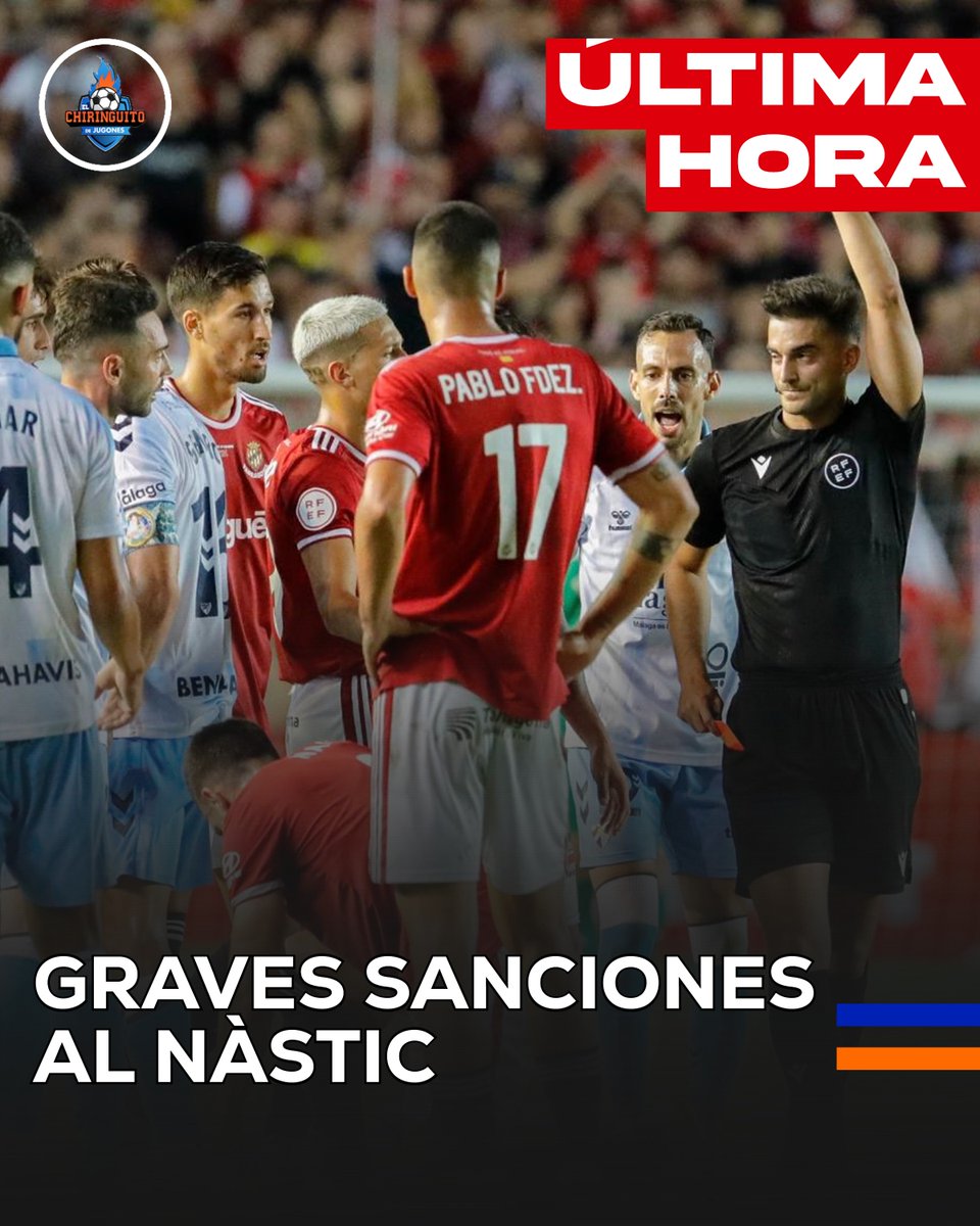 elchiringuitotv's tweet photo. 🚨 SANCIÓNES HISTÓRICAS para el NÀSTIC tras el partido contra el MÁLAGA:

❌ Los 4 próximos partidos en su estadio serán a puerta cerrada.

🟥 12 partidos de sanción a David Concha.

🟥 3 meses de suspensión y 5 partidos de sanción a Ignacio González. https://t.co/xo6nQ8CgJ6
